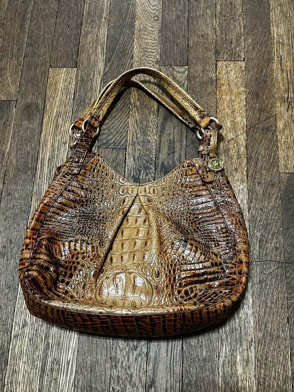 Brahmin "Anne" Toasted Almond Embossed Croc Print Leather Large Tote Handbag EUC